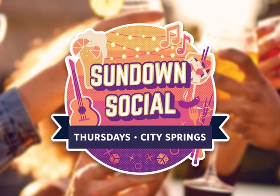 Emblem for Sundown Social, it features string lights, mixed drinks, a guitar, music notes, and dice. It reads, "Sundown Social: Thursdays - City Springs"