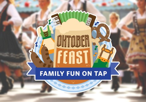 OktoberFEAST logo, with beer stein, lederhosen, bratwursts, accordion