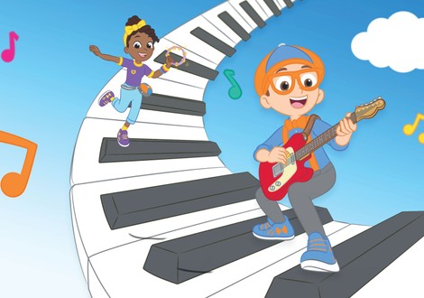 Blippi and Meekah on a curved piano keyboard going up into the clouds