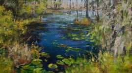 Peaceful Refuge, an oil painting by artist Debra Nadelhoffer. Peaceful Refuge depicts a landscape of a small body of water surrounded by green foliage and trees.