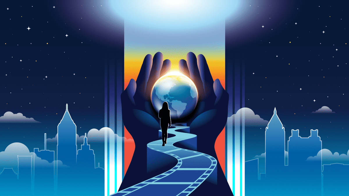 Poster art for the 2026 Atlanta Jewish Film Festival. A woman walks on a path made of film toward a pair of hands holding a glowing orb. The Atlanta skyline and a sky filled with stars is in the background. 