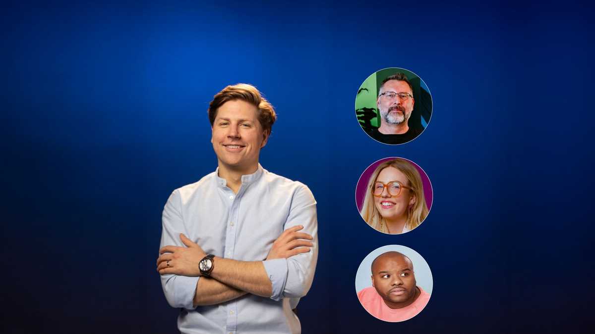 Funny Fridays host Joel Byars with Greg Behrens, Shelley Gruenberg, and Mark Kendall