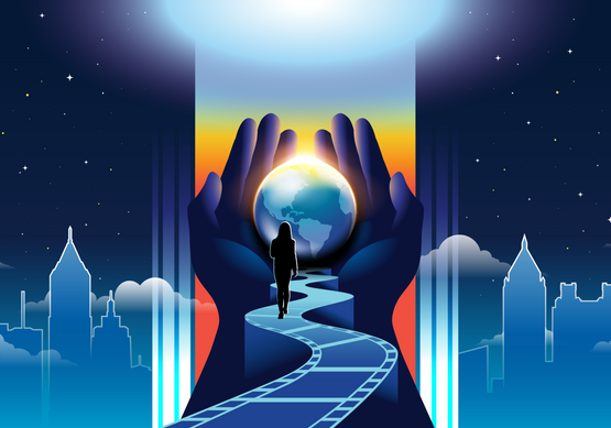 Poster art for the 2026 Atlanta Jewish Film Festival. A woman walks on a path made of film toward a pair of hands holding a glowing orb. The Atlanta skyline and a sky filled with stars is in the background. 