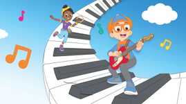 Blippi and Meekah on a curved piano keyboard going up into the clouds
