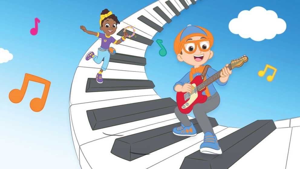 Blippi and Meekah on a curved piano keyboard going up into the clouds
