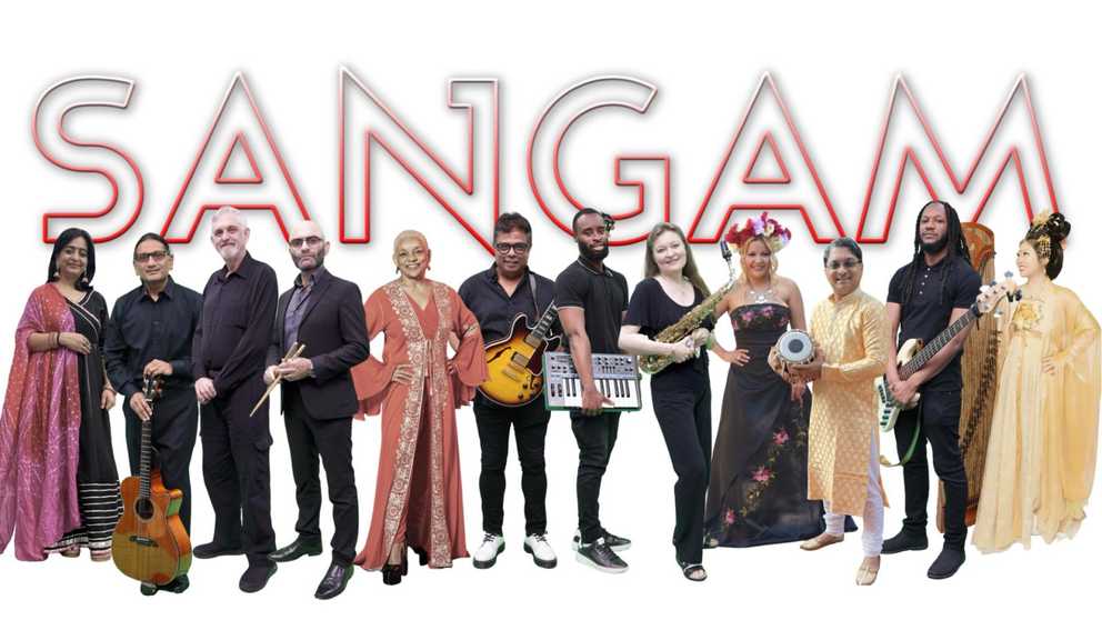 Members of the global music group Sangam