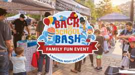 Back to School Bash emblem features children playing in the splashpad, snow cone, balloon animal, and a police & fire hat.