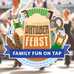 OktoberFEAST logo, with beer stein, lederhosen, bratwursts, accordion